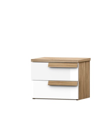 Comodino Melodia 2 cassetti con struttura e maniglie rovere caramello e frontali bianco lucido