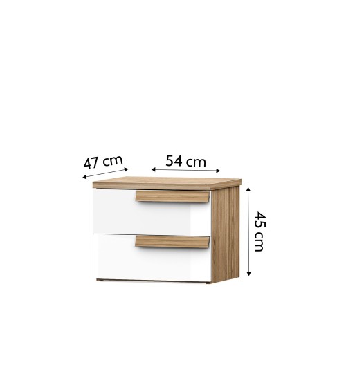 Comodino Melodia 2 cassetti con struttura e maniglie rovere caramello e frontali bianco lucido