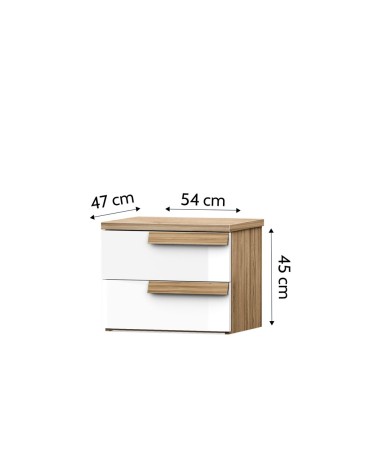 Comodino Melodia 2 cassetti con struttura e maniglie rovere caramello e frontali bianco lucido