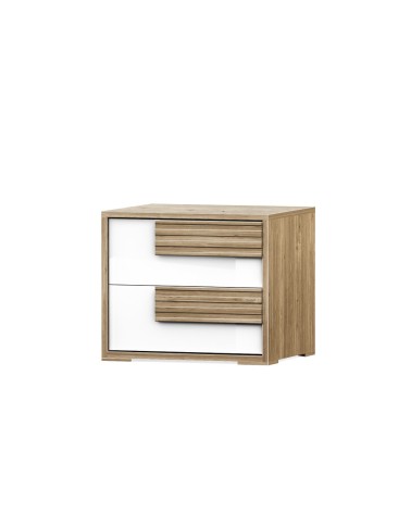 Comodino Selva 2 cassetti con maniglie con righe orizzontali in rovere caramello e frontali bianco lucido