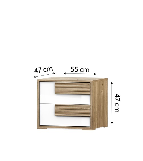 Comodino Selva 2 cassetti con maniglie con righe orizzontali in rovere caramello e frontali bianco lucido