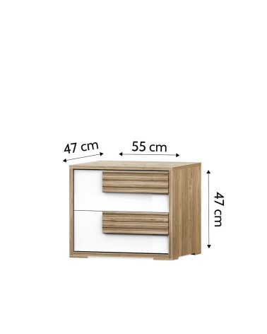 Comodino Selva 2 cassetti con maniglie con righe orizzontali in rovere caramello e frontali bianco lucido