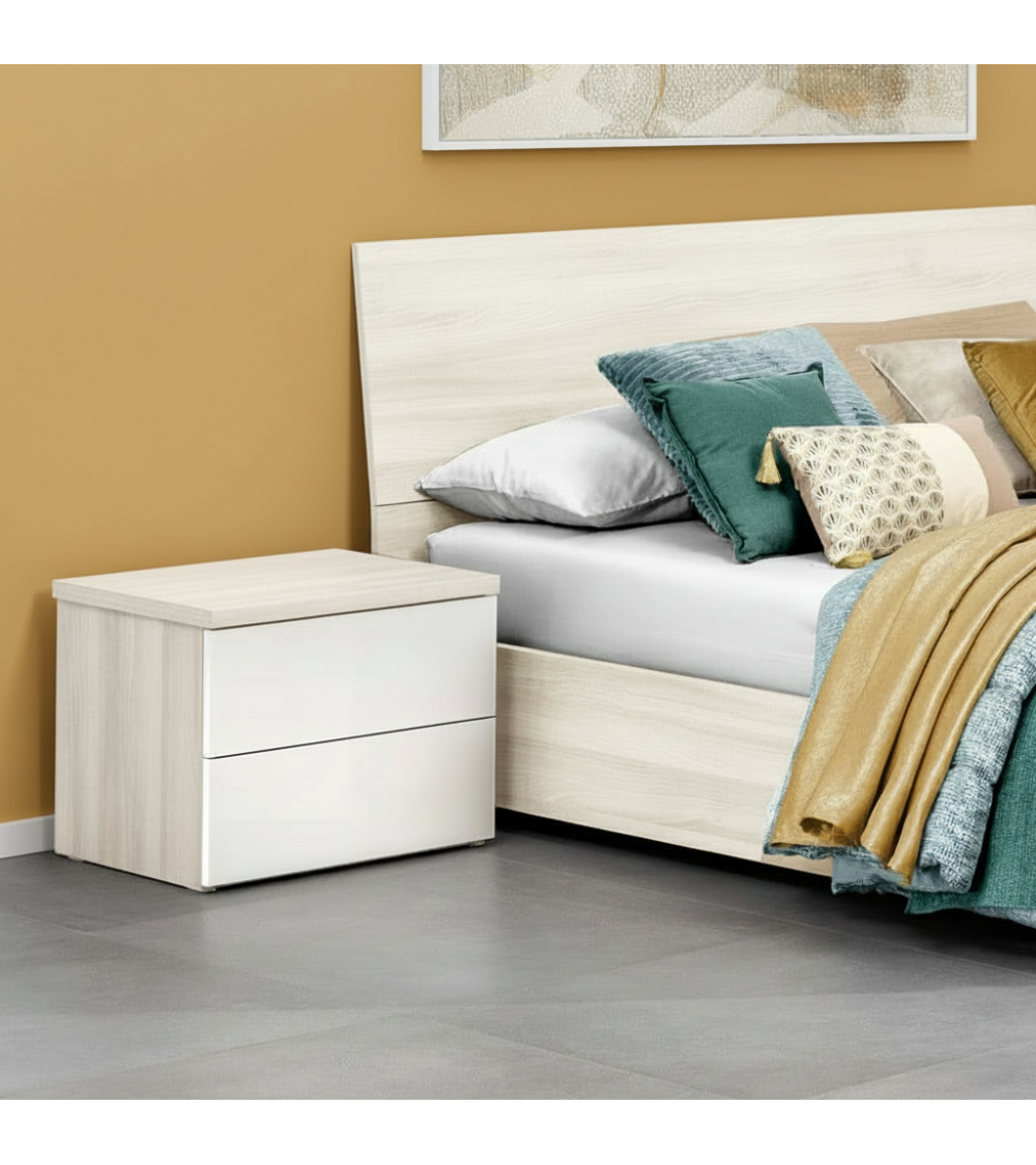 Comodino Melodia 2 cassetti senza maniglie in rovere sbiancato e bianco lucido