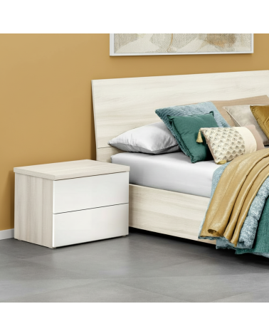 Comodino Melodia 2 cassetti senza maniglie in rovere sbiancato e bianco lucido