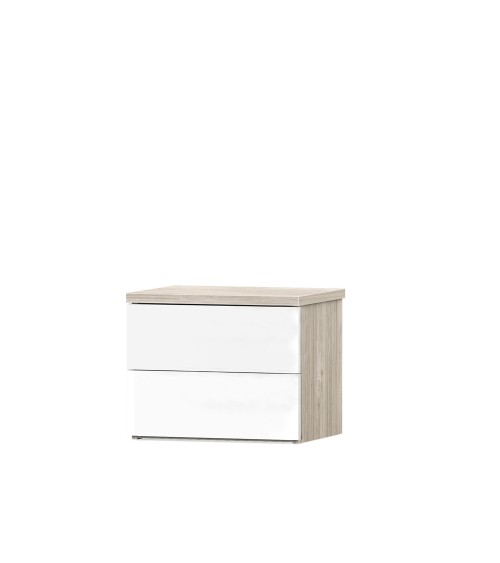 Comodino Melodia 2 cassetti senza maniglie in rovere sbiancato e bianco lucido