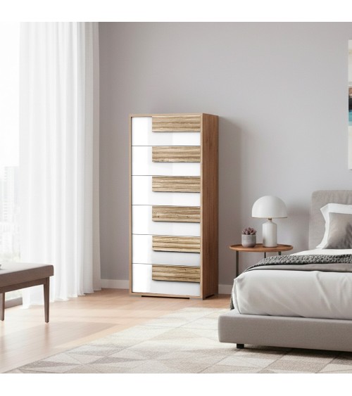 Settimino Selva 6 cassetti con struttura in rovere caramello e frontali bianco lucido