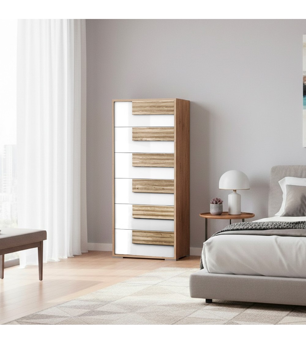 Settimino Selva 6 cassetti con struttura in rovere caramello e frontali bianco lucido