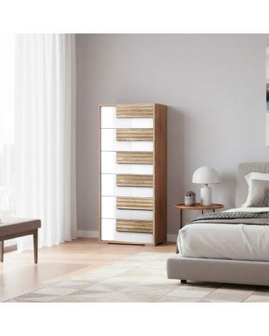 Settimino Selva 6 cassetti con struttura in rovere caramello e frontali bianco lucido