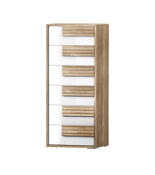 Settimino Selva 6 cassetti con struttura in rovere caramello e frontali bianco lucido