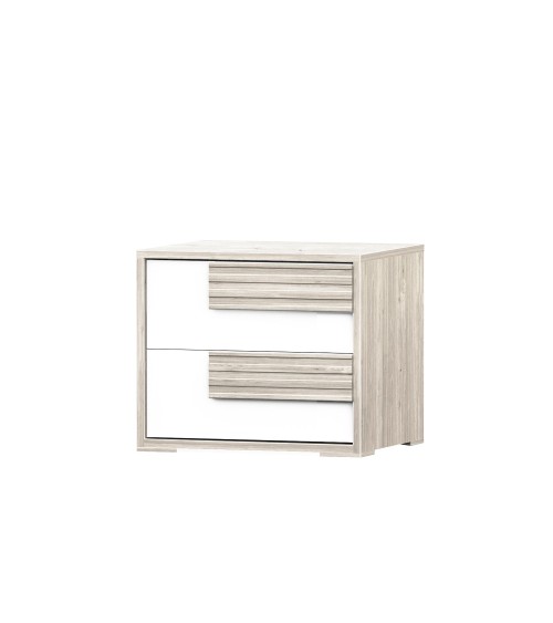 Comodino Selva 2 cassetti con maniglie con righe orizzontali in rovere sbiancato e frontali bianco lucido
