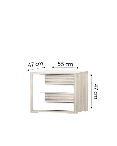 Comodino Selva 2 cassetti con maniglie con righe orizzontali in rovere sbiancato e frontali bianco lucido