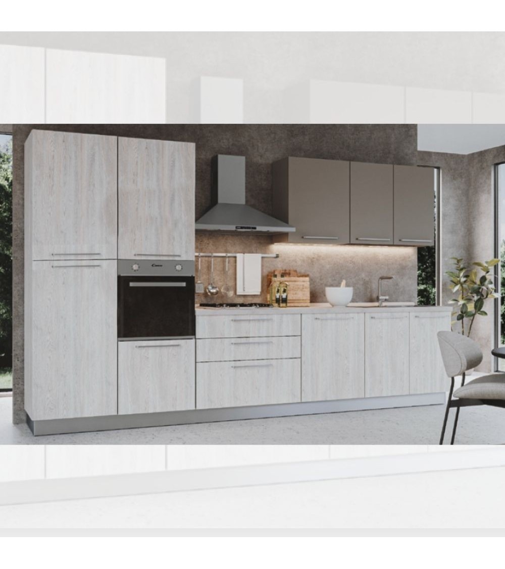 Cucina Iris 360 cm rovere virginia tortora con elettrodomestici reversibile