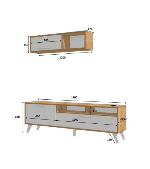Porta tv Slim D2306TV180M109 rovere bianco 180x35x47h