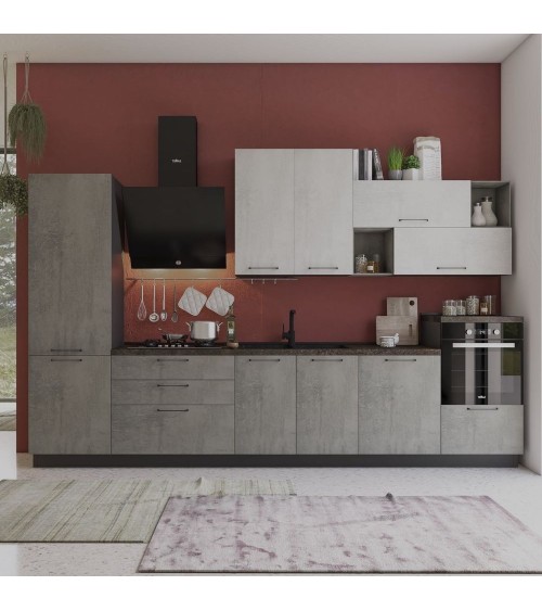 Cucina Pola mira 360 cm antracite cemento fumo top ceramica sinistra con lavastoviglie