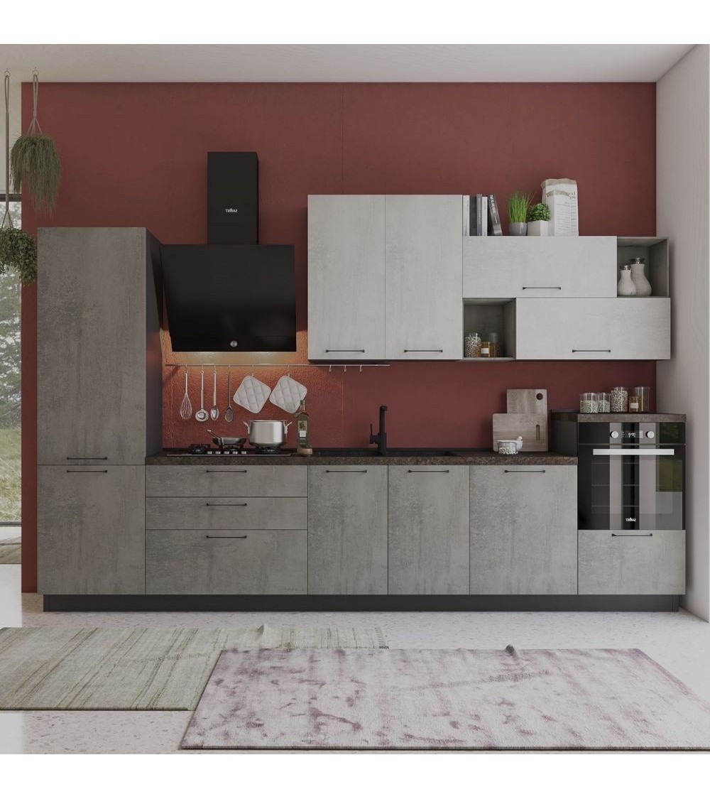 Cucina Pola mira 360 cm antracite cemento fumo top ceramica sinistra con lavastoviglie