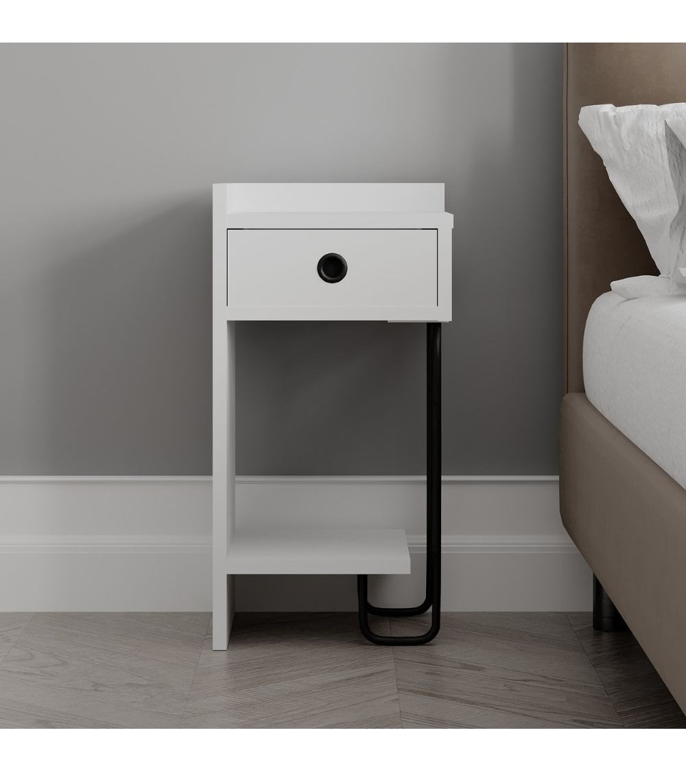 Comodino Sirius bianco con cassetto e gamba in metallo nero sinistro