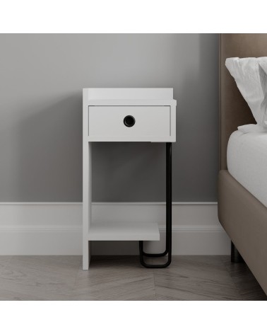 Comodino Sirius bianco con cassetto e gamba in metallo nero sinistro