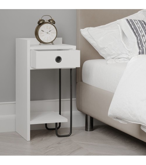 Comodino Sirius bianco con cassetto e gamba in metallo nero sinistro