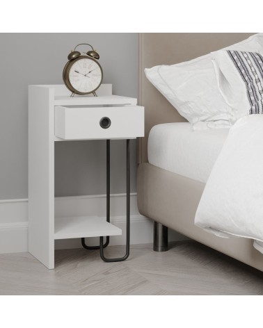 Comodino Sirius bianco con cassetto e gamba in metallo nero sinistro
