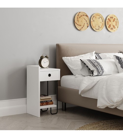 Comodino Sirius bianco con cassetto e gamba in metallo nero sinistro