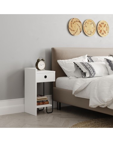Comodino Sirius bianco con cassetto e gamba in metallo nero sinistro