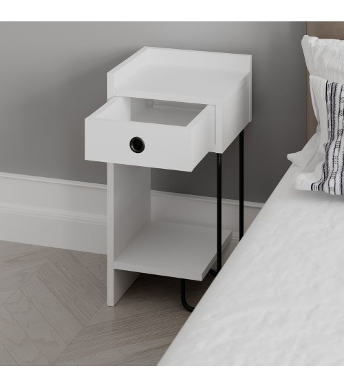 Comodino Sirius bianco con cassetto e gamba in metallo nero sinistro