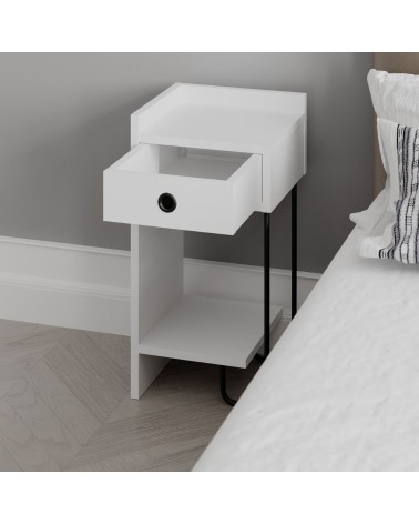 Comodino Sirius bianco con cassetto e gamba in metallo nero sinistro