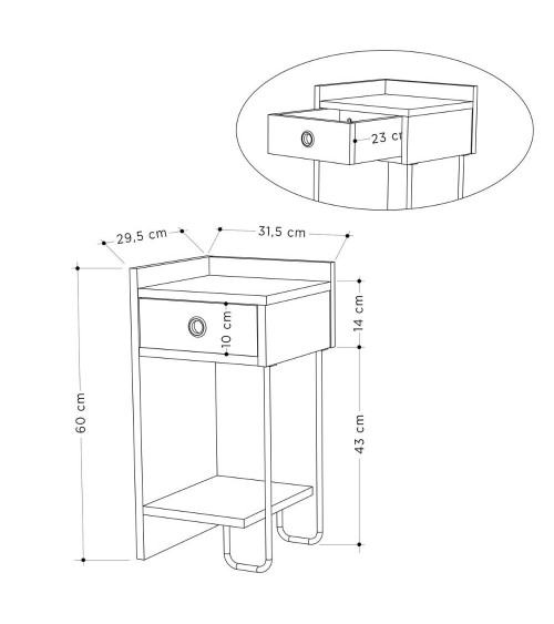 Comodino Sirius bianco con cassetto e gamba in metallo nero sinistro
