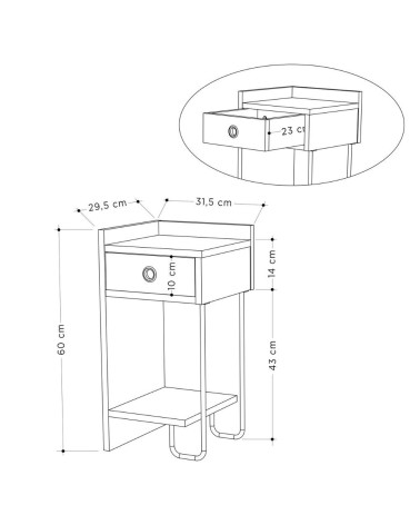 Comodino Sirius bianco con cassetto e gamba in metallo nero sinistro