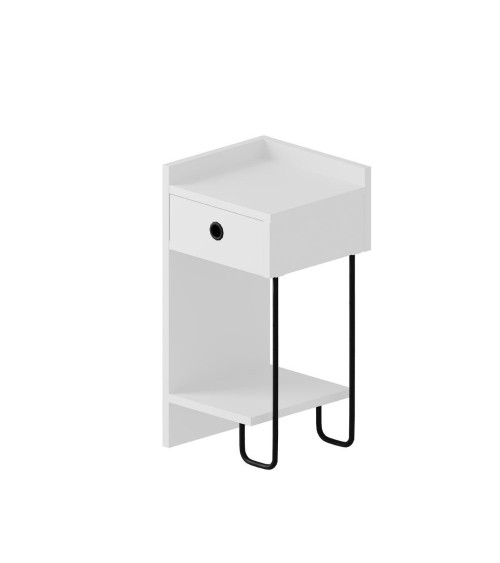 Comodino Sirius bianco con cassetto e gamba in metallo nero sinistro