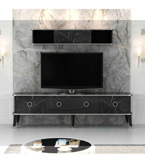 Porta tv con pensile Bientv 180 effetto marmo nero particolari argento