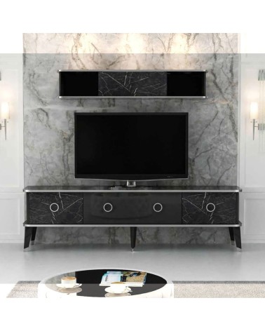 Porta tv con pensile Bientv 180 effetto marmo nero particolari argento