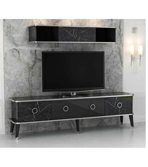 Porta tv con pensile Bientv 180 effetto marmo nero particolari argento