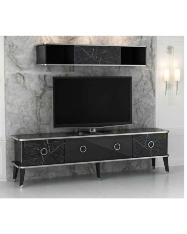 Porta tv con pensile Bientv 180 effetto marmo nero particolari argento