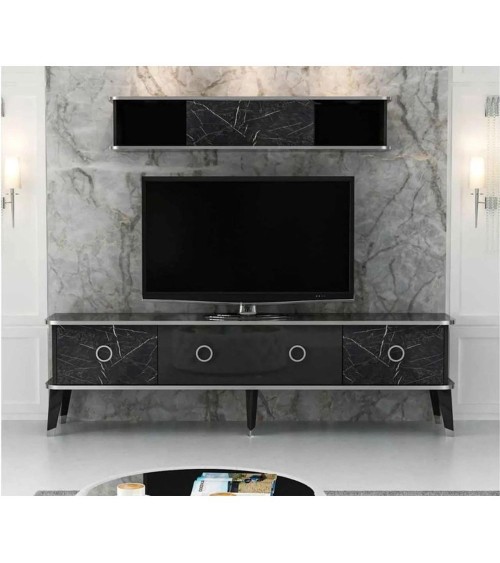 Porta tv con pensile Bientv 180 effetto marmo nero particolari argento