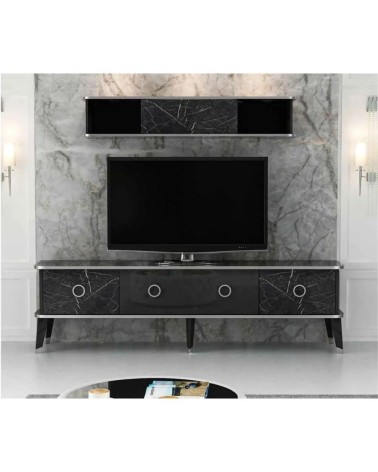 Porta tv con pensile Bientv 180 effetto marmo nero particolari argento