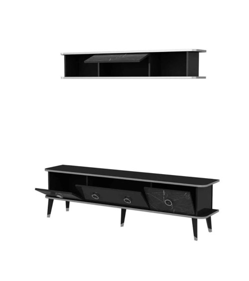 Porta tv con pensile Bientv 180 effetto marmo nero particolari argento