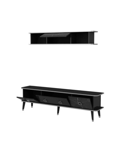 Porta tv con pensile Bientv 180 effetto marmo nero particolari argento