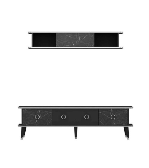 Porta tv con pensile Bientv 180 effetto marmo nero particolari argento