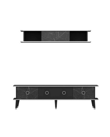 Porta tv con pensile Bientv 180 effetto marmo nero particolari argento
