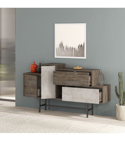 Madia Hermes colore dark coffee con ante e cassetti effetto marmo 160 cm