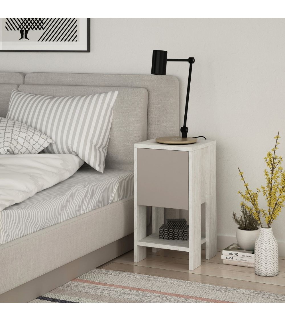 Comodino Ema anta ribalta colore bianco tortora 30x30x55h