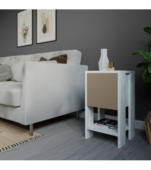 Comodino Ema anta ribalta colore bianco tortora 30x30x55h