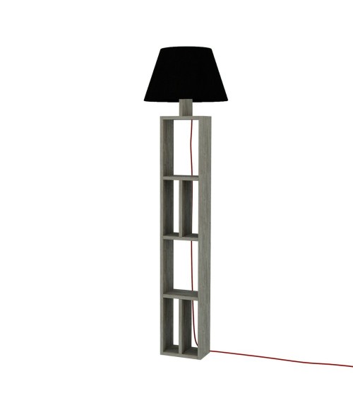 Lampada da terra Giorno in legno con libreria e paralume nero