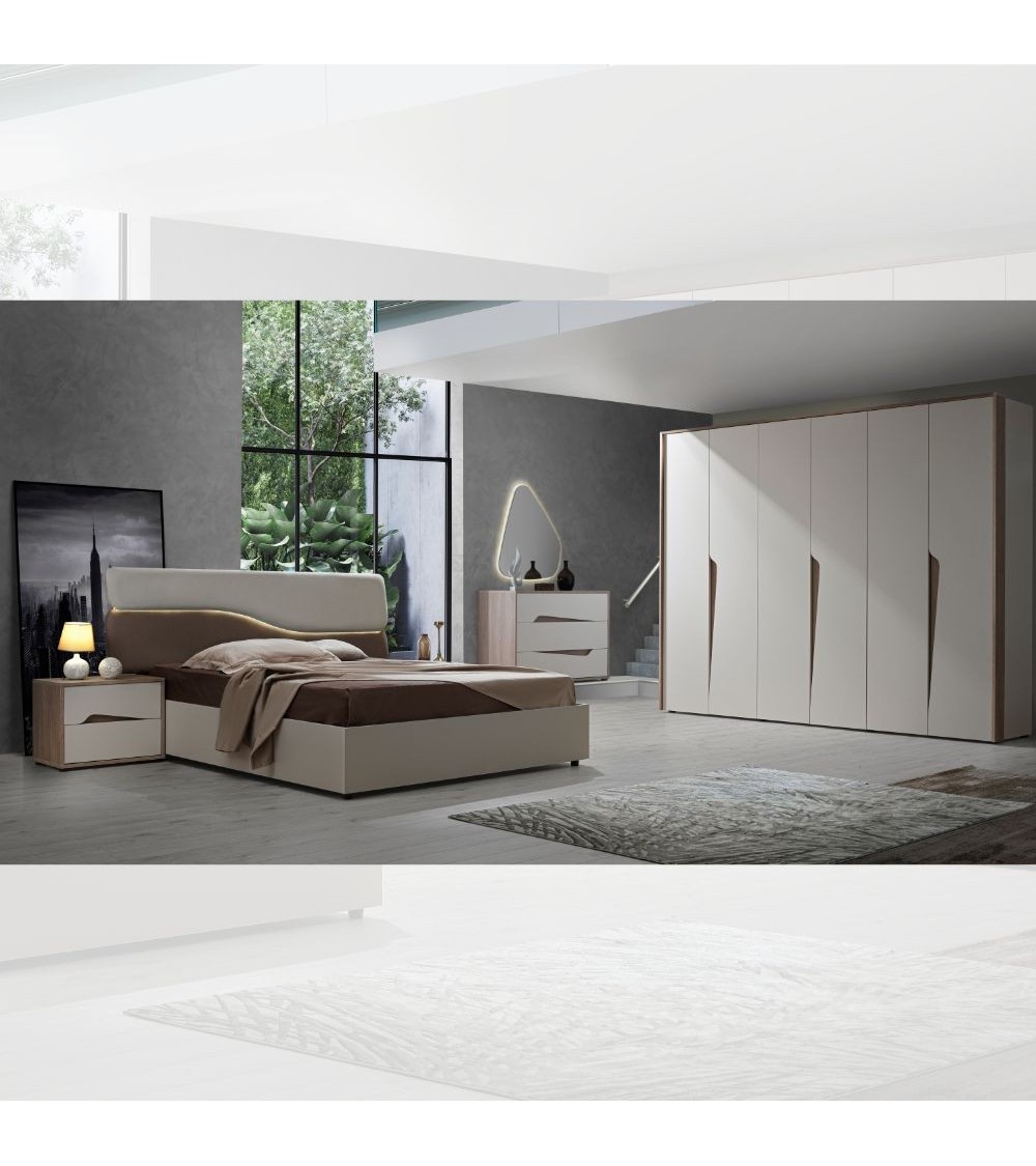 Camera da letto Soleil con letto contenitore colore cashmere e olmo biscotto