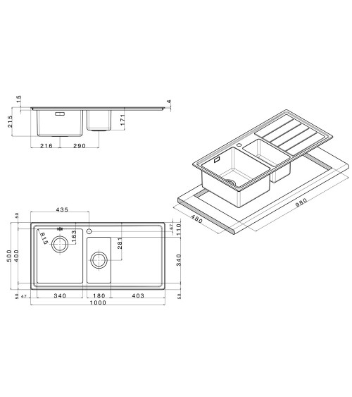 Lavello SAXT332 100x50 cm 1 vasca con vaschetta e gocciolatoio sinistro
