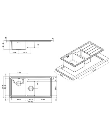 Lavello SAXT332 100x50 cm 1 vasca con vaschetta e gocciolatoio sinistro