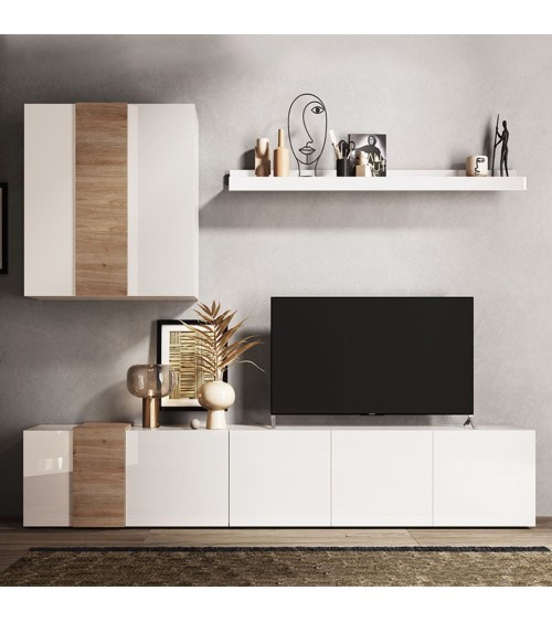 Parete attrezzata Sabry 301 cm bianco lucido rovere Kadiz