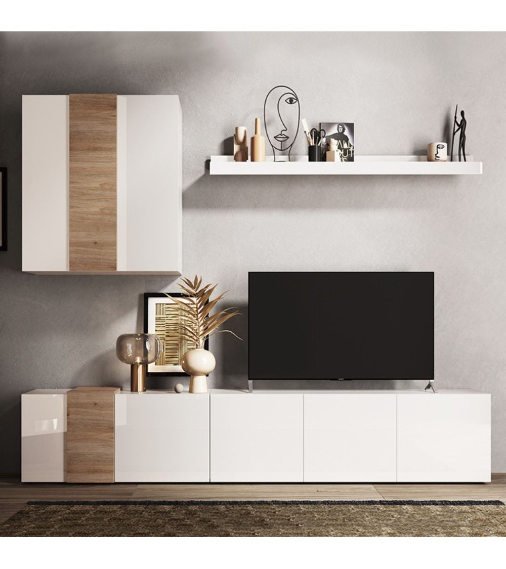 Parete attrezzata Sabry 301 cm bianco lucido rovere Kadiz