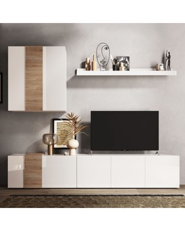 Parete attrezzata Sabry 301 cm bianco lucido rovere Kadiz